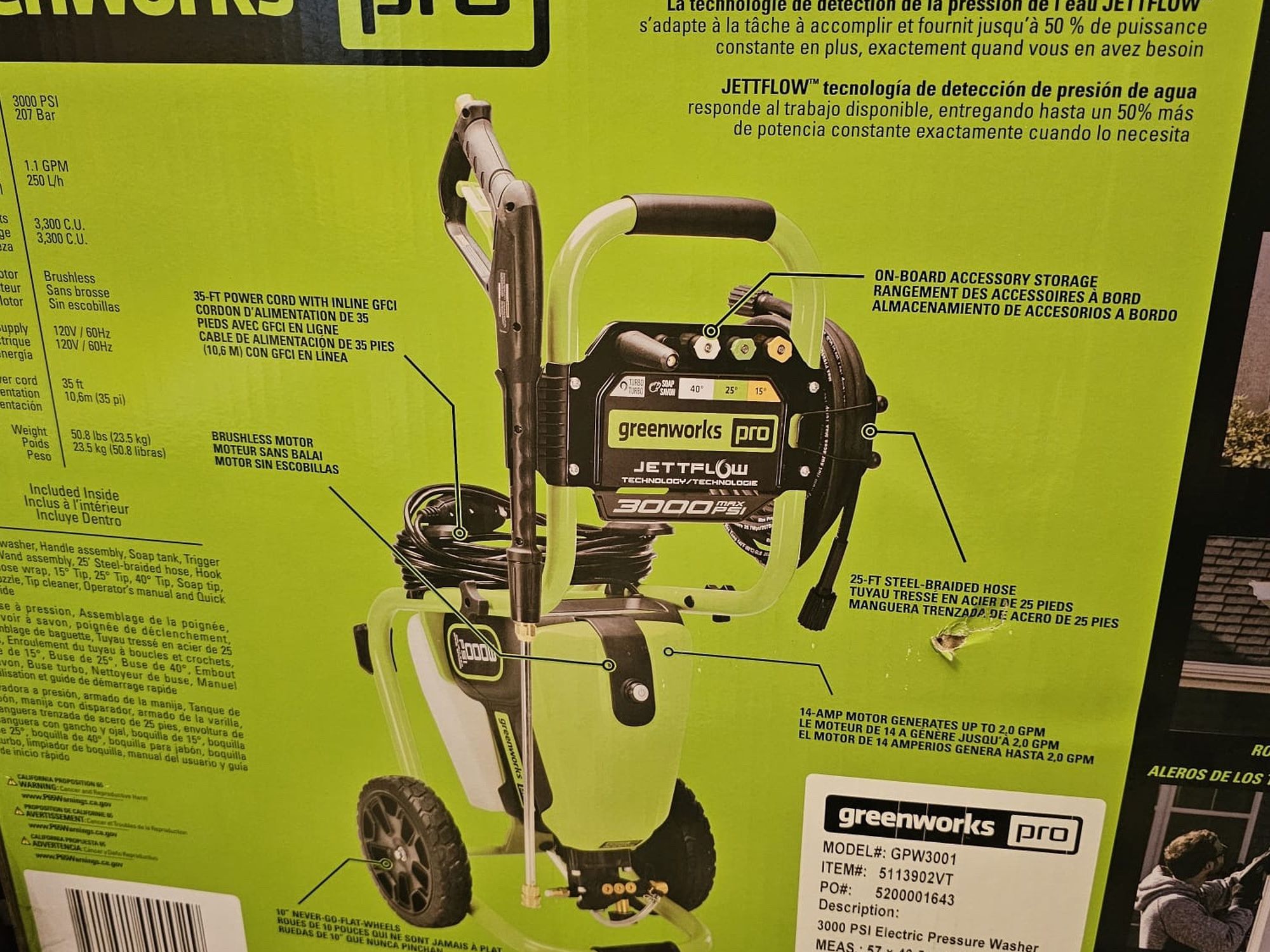 Greenworks Pro 3000 PSI electric pressure washer with 7 extension wands