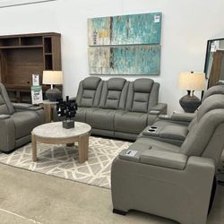 Gray Leather Power Reclining Living Room Set Sofa, Loveseat, Recliner 