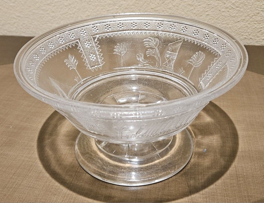 Antique Footed EAPG Oasis pattern glass Bowl or compote camels palm trees sphinx