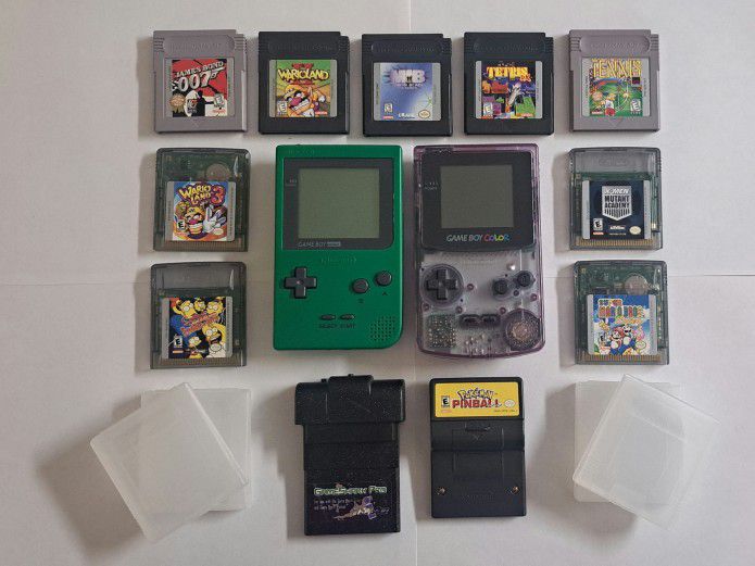 Nintendo Game Boy Color/Purple color& Game Boy Pocket-Green color, with  10 Games,  GameShark Pro for GBC/GBP, Bundle.