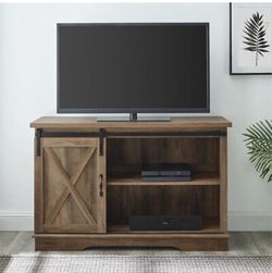 Modern Farmhouse Sliding X-Barn Door TV Stand for TVs up to 50" in Rustic Oak