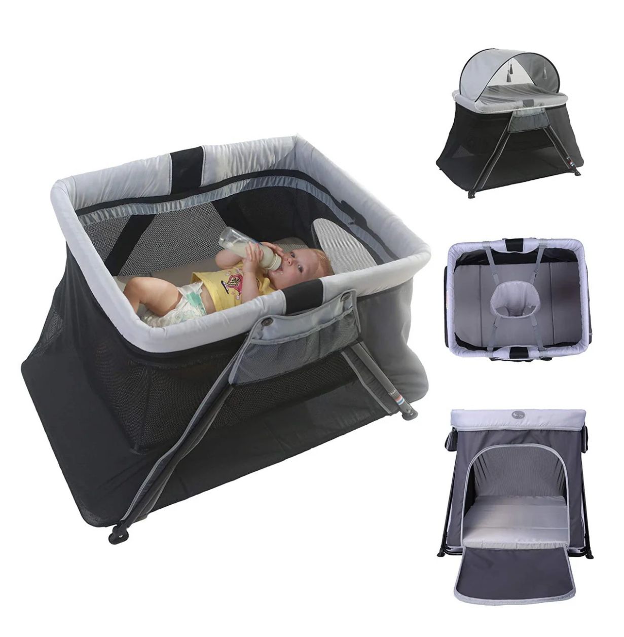  4 in 1 Foldable Baby Toddlers Crib Bassinet Playpen Playard with 2-Stage Mattress & Carry Bag