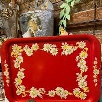 1950’s Vintage Mid-Century Red Metal Serving Tray with Daisy Border Retro Decor