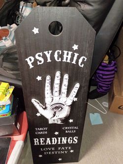 Psychic Readings Coffin-Shaped Wood Sign