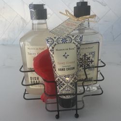 Honey Almond Dish soap, hand soap, hand cream, silicon scrubber brush and kitchen caddy organizer