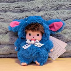 Monchhichi Plush Doll Blue Furry Costume  Pink Ears Pacifier