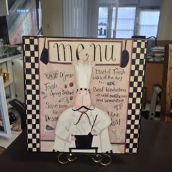Fat Chef " Menu " Kitchen Wall Decor Plaque 12" X 12" (Stand Not Incl)