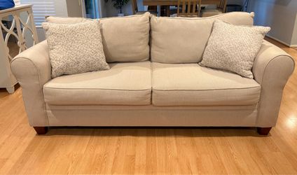 Beige Fabric Two-Seat Sofa with Throw Pillows 85’