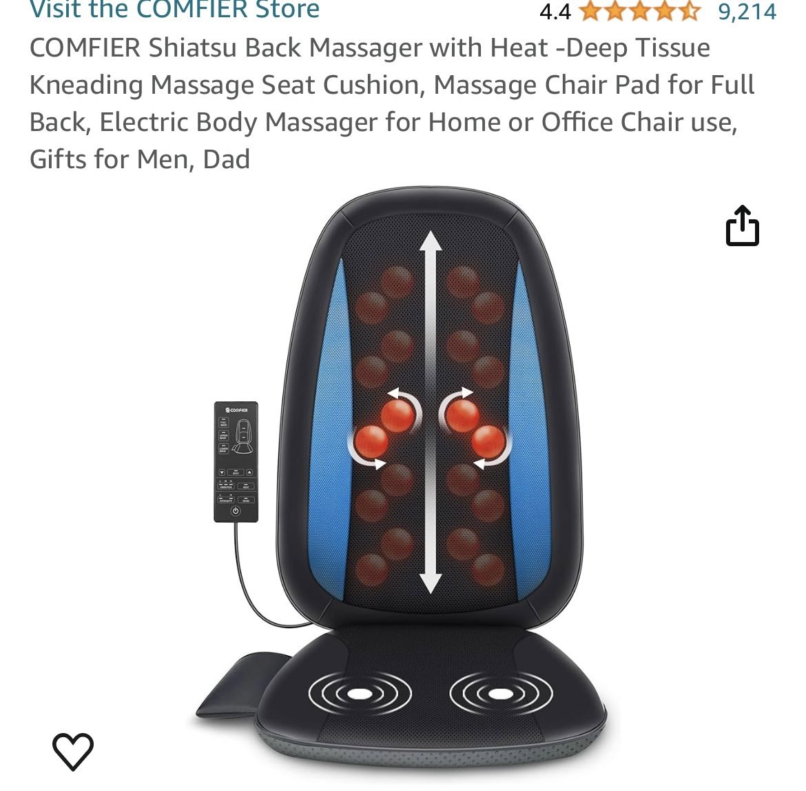 COMFIER Shiatsu Back Massager with Heat -Deep Tissue Kneading Massage Seat Cushion NEW
