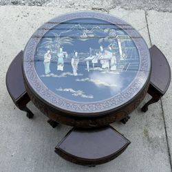 Chinese Asian Carved Wood Hand Painted Nesting Tea Chow Table 4 Seats