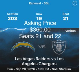 2 NFL Tickets Raiders vs Chargers Sep 2026