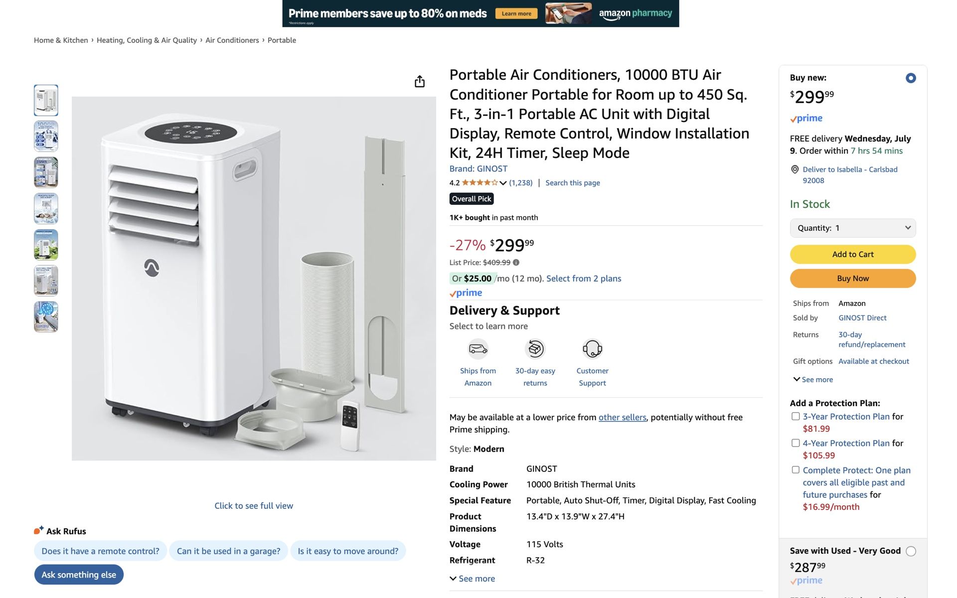 10,000 BTU A/C + Remote -$300 New