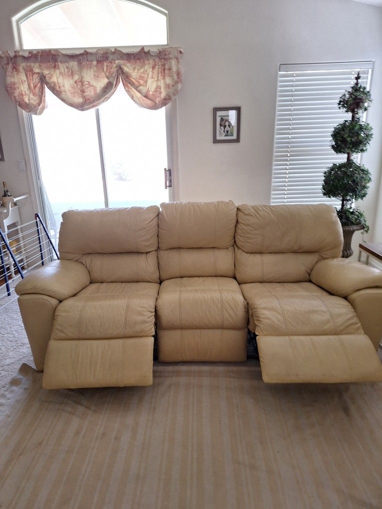 Warm Yellow Leather Reclining Sofa 88"
