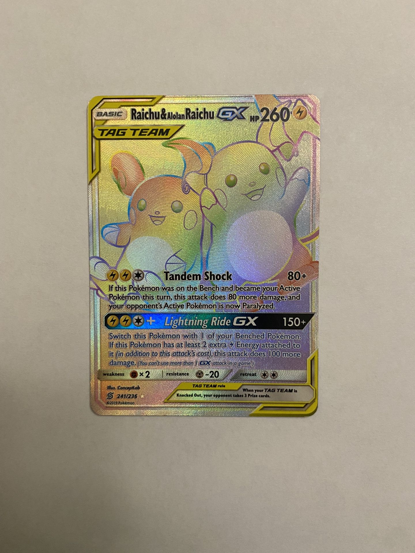 Pokemon Card Raichu & Alolan Raichu Gx Secret Rare Full Art