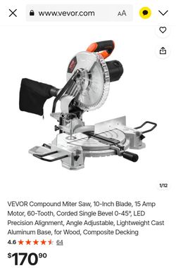 VEVOR Compound Miter Saw, 10-Inch Blade, 15 Amp Motor, 60-Tooth, Corded Single Bevel 0-45°, LED Precision Alignment, Angle Adjustable, Lightweight Cas