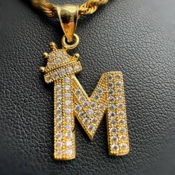 Jewelry 10k Solid Yellow Gold white CZ stone alphabet letter M Pendant charm