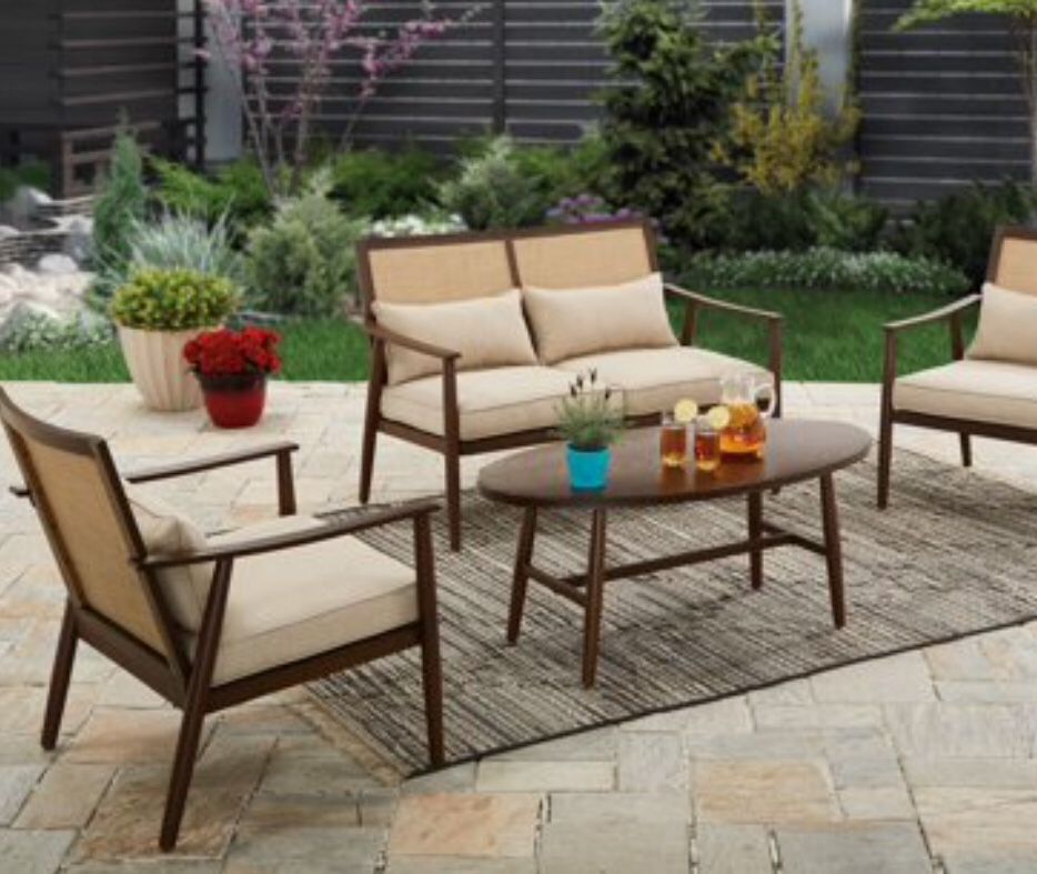 New!l 4 pc coffee table patio set, outdoor conversation set, chat set, patio furniture , beige and brown