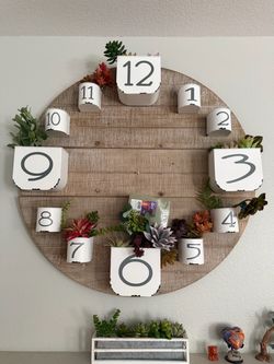 Farmhouse Wood Wall Clock with Planter Pots