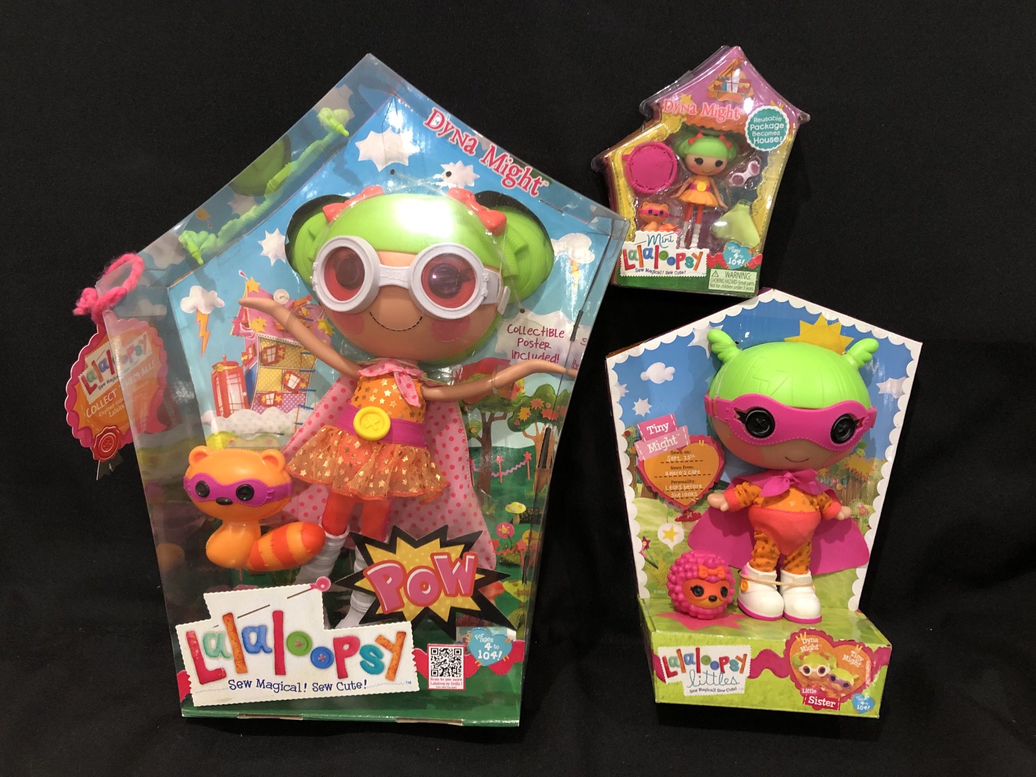 Lalaloopsy Dyna Might full size doll, Tiny Might little doll, Dyna Might mini doll