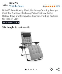 New open box. DUMOS Zero Gravity Chair, Reclining Camping Lounge Chair for Outdoor, Reclining Patio Chairs with Cup Holder Trays and Removable Cushion