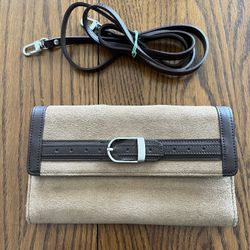 NEW Longaberger Sisters Shoulder Strap Wallet Crossbody Bag Brown Suede/ Leather