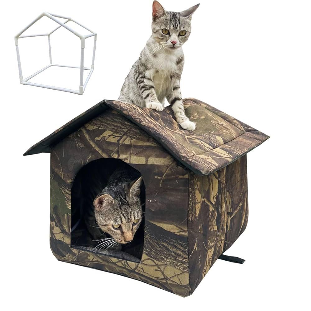 Outdoor/Indoor Faux Woodland Frame Thermal cat House, Waterproof, Insulated, Concealed, Collapsible, Removable, Easy to Clean. Suitable for felines or
