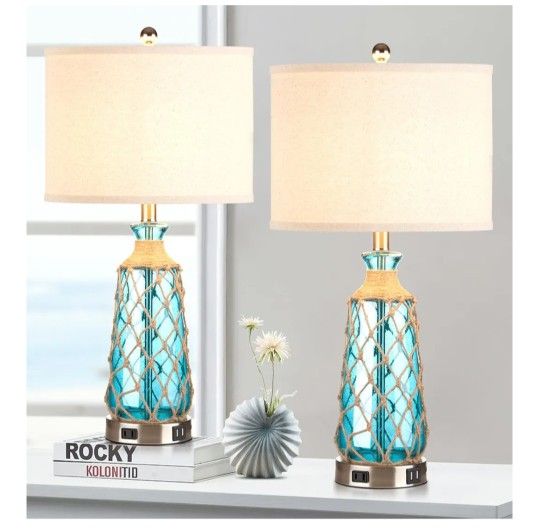 25.5" Coastal Glass Table Lamps Set of 2