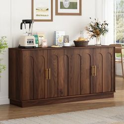 New-66.5'' Wood Buffet Sideboard with 4 Doors in Arched Design, Modern Large Coffee Bar Storage Cabinet with 4 Storage Spaces, Long Sideboard Console