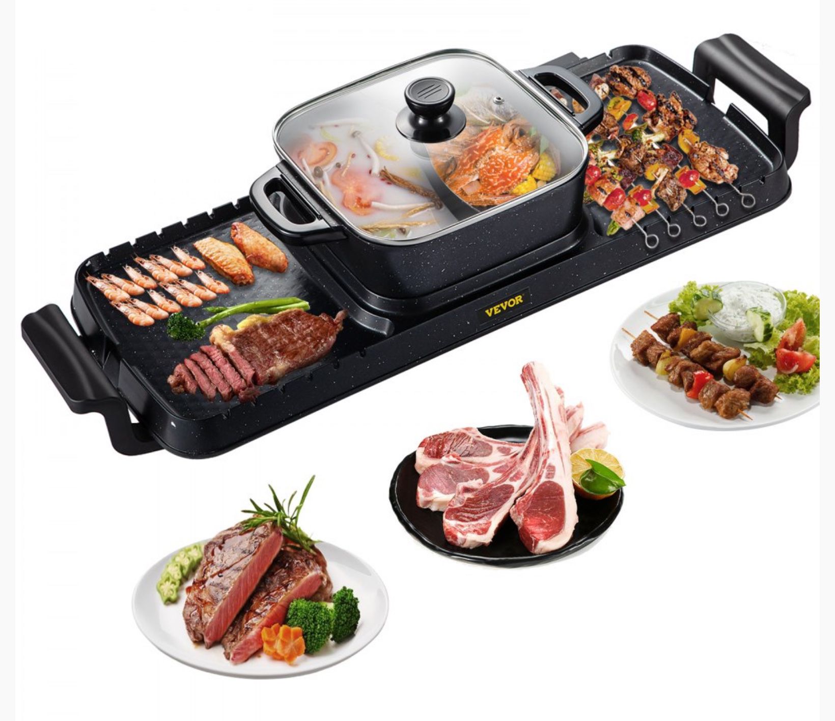 Soup N Grill V2 Hotpot Grill Combo, Indoor Korean BBQ, Shabu Shabu Electric Hot Pot with Divider, Portable with Free Strainer Scoops, Extra Long Chops