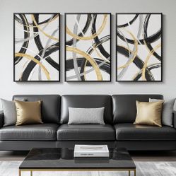 Large Framed Gold, Black & White Abstract Wall Art, 3 Piece Canvas Art | Originally $139