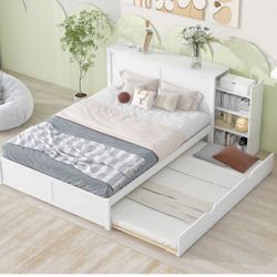NEW Trundle White Queen Size Storage Platform Bed with Pull Out Shelves and Twin XL Size