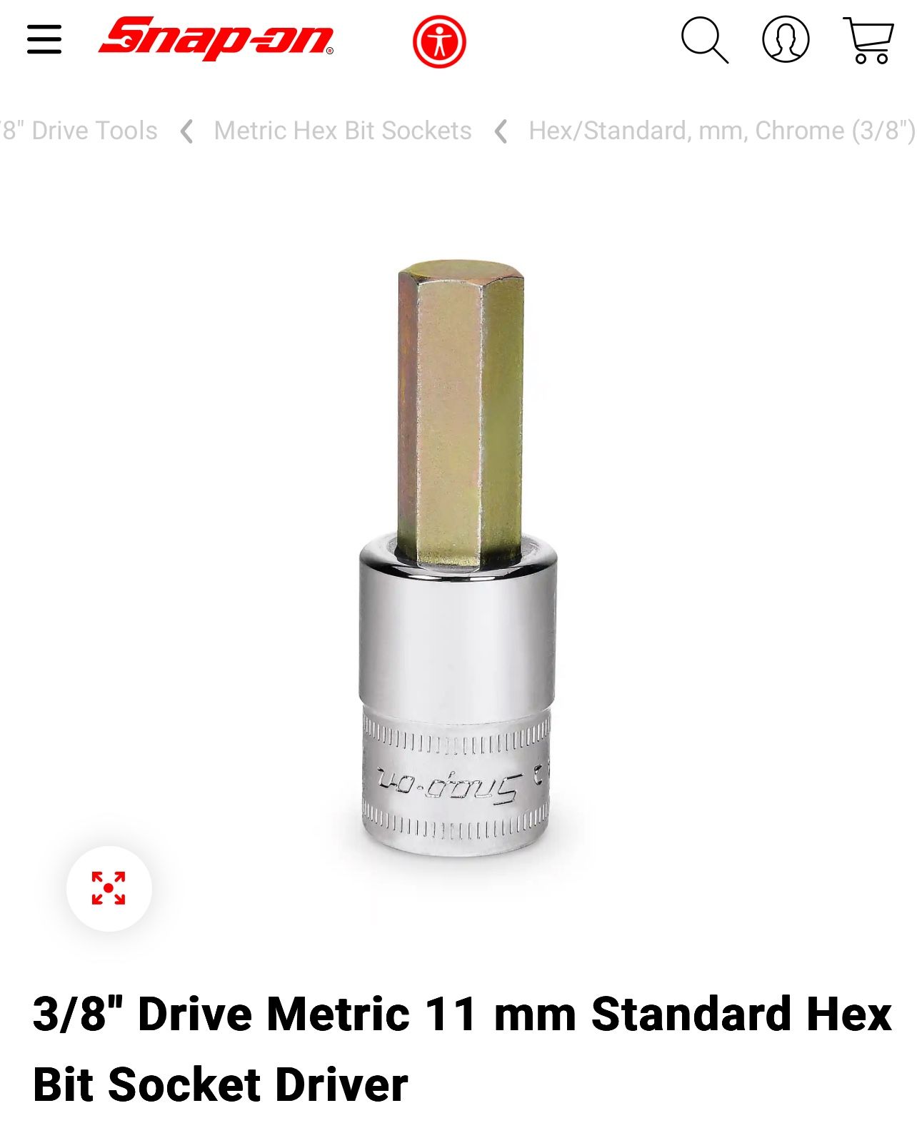 Snap-on 3/8" Drive Metric 11 mm Standard Hex Bit Socket Driver 