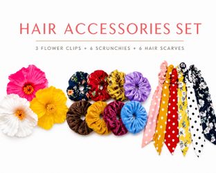 Hair Accessories BUNDLE! – 3 Tropical Flower Clips, 8 Scrunchies & 6 Hair Scarf Ties