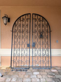 Custom Wrought Iron Arched Double Gates w/ Antique Brass Dog Knocker