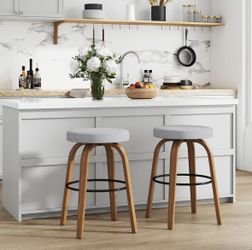 Grey Mid-Century Sturdy Fabric Upholstered Seat Swivel Barstools Backless Sturdy Curved Wood Leg(2Pcs)