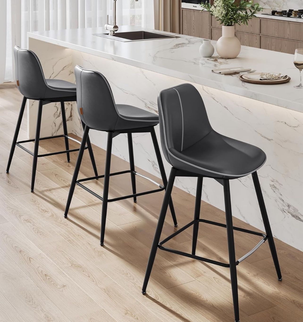Bar Stools Set of 4..Counter Height Bar Stools with Back, Ergonomic Backrest, Synthetic Leather, Metal Legs, 24.4-Inch Tall Barstools for Kitchen Isla