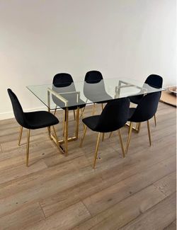 Big Glass Dining Table and 6 Black Velvet Chairs