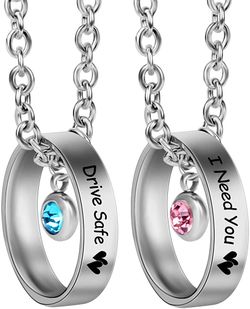 Drive Safe & I Need You Stainless Steel Couple Matching Rings Necklace Set For Boyfriend and Girlfriend Rhinestone Engraved Pendant Necklace