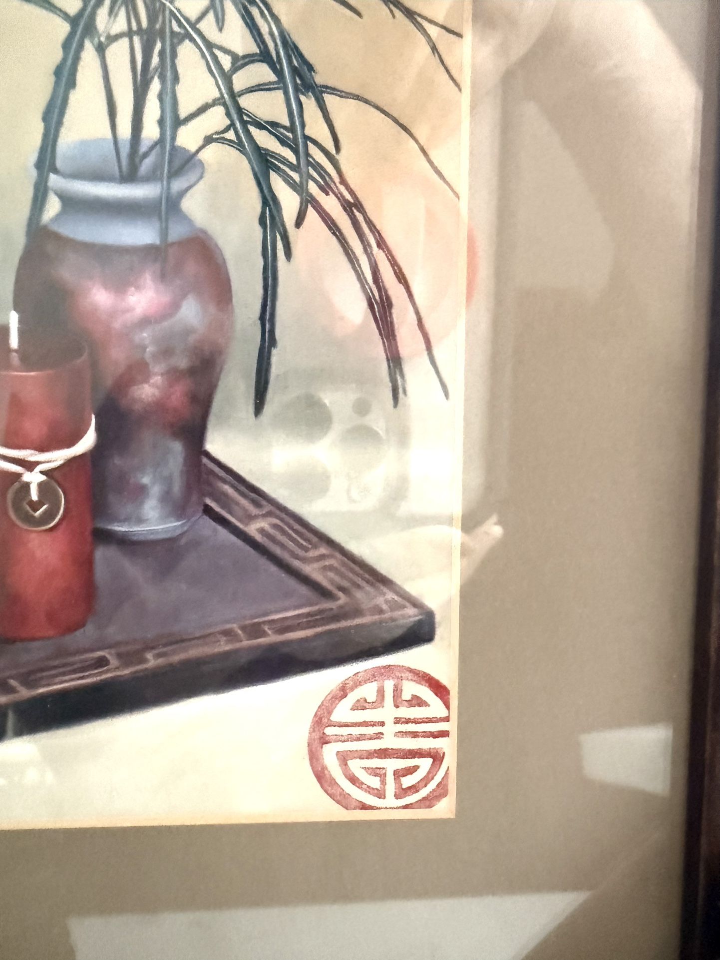 New Beautiful Asian Still Life Wall Art With Vase, Greenery, Candles 13” x 11”