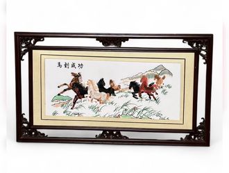 Vintage Chinese Embroidered Silk Panel 8 Horses Embroidery Framed
