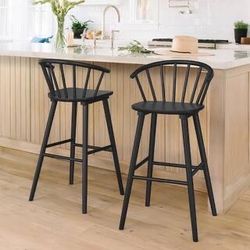 Winson Windsor 30 in. Black Solid Wood Bar Stool for Kitchen Island Counter Stool with Spindle Back Set of 2