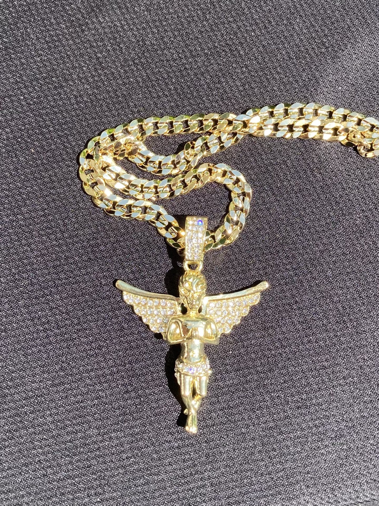 Gold Chain Cuban Link Necklace 20in 7mm And Icy Angel Pendant Set