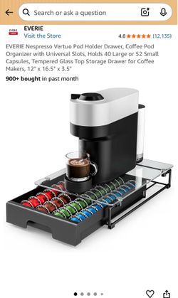 EVERIE Nespresso Vertuo Pod Holder Drawer, Coffee Pod Organizer with Universal Slots, Holds 40 Large or 52 Small Capsules, Tempered Glass Top Storage 