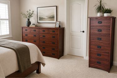 Mission Style Wood Dresser and Chest Set Solid Oak Great Condition also includes large mirror that attaches to the dresser