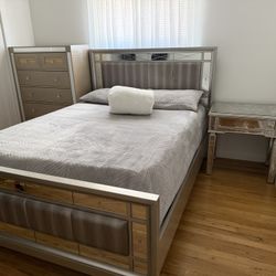 Grey full Bed With Nightstand And Dresser
