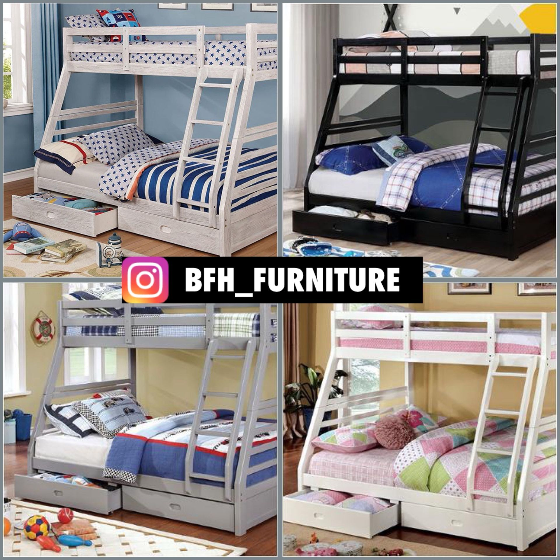 Twin/Full Black Bunk bed w. Drawers & Ortho Mattresses Included