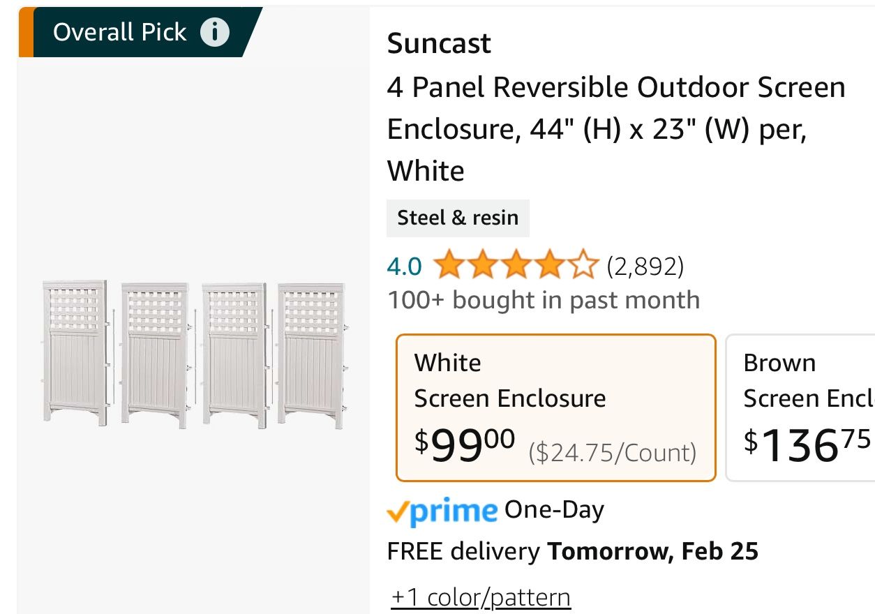 Suncast 4 Panel Reversible Outdoor Screen Enclosure