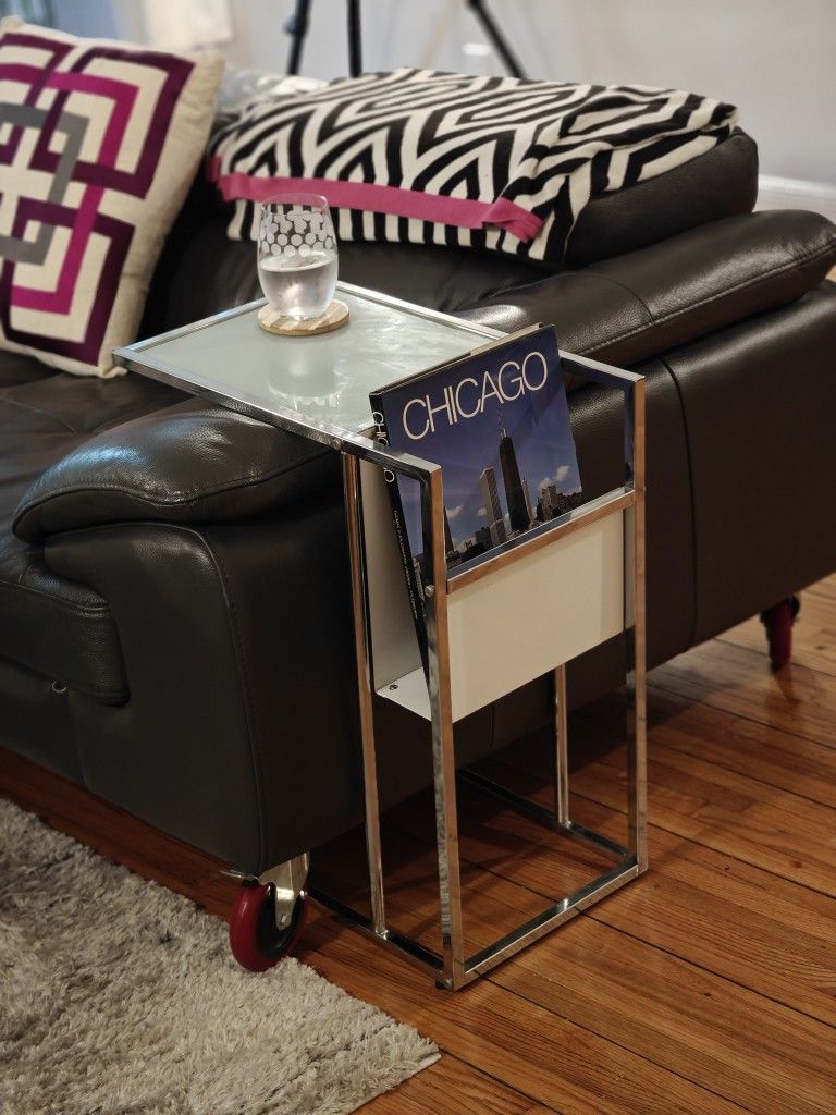 Retro Chrome With Frosted Glass Side Table End Table With Magazine Rack