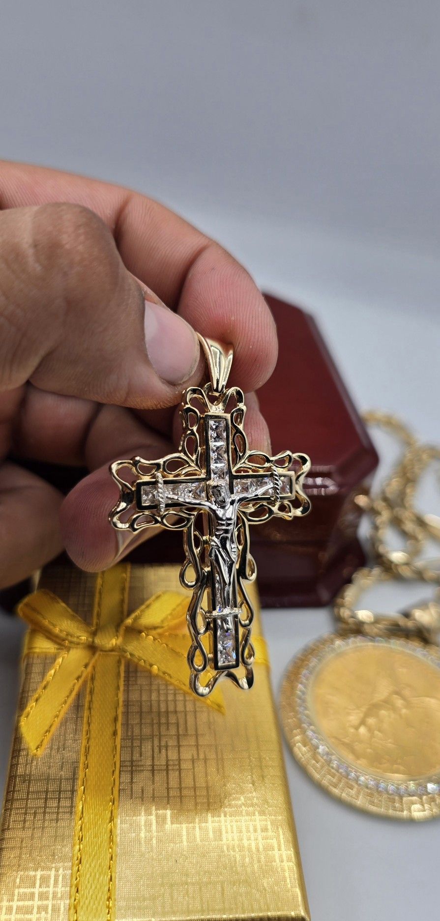 Solid 14kt Gold Jesus Cross Pendant Dije Cruz De Dos Oros 14kt