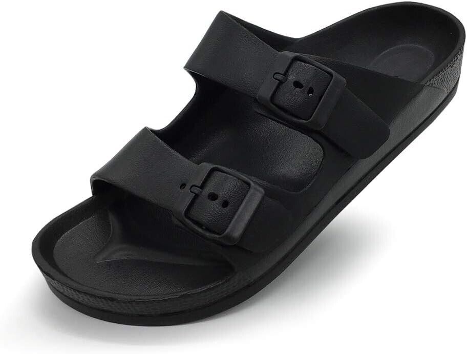 Funkymonkey Women Black Comfort Slides Double Buckle Adjustable Flat Sandals 10M